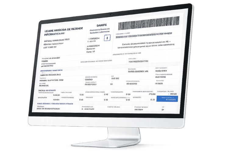 Mockup de tela mostrando um DANFE (documento auxiliar da nota fiscal eletrônica) emitido pelo Infomaster DFe