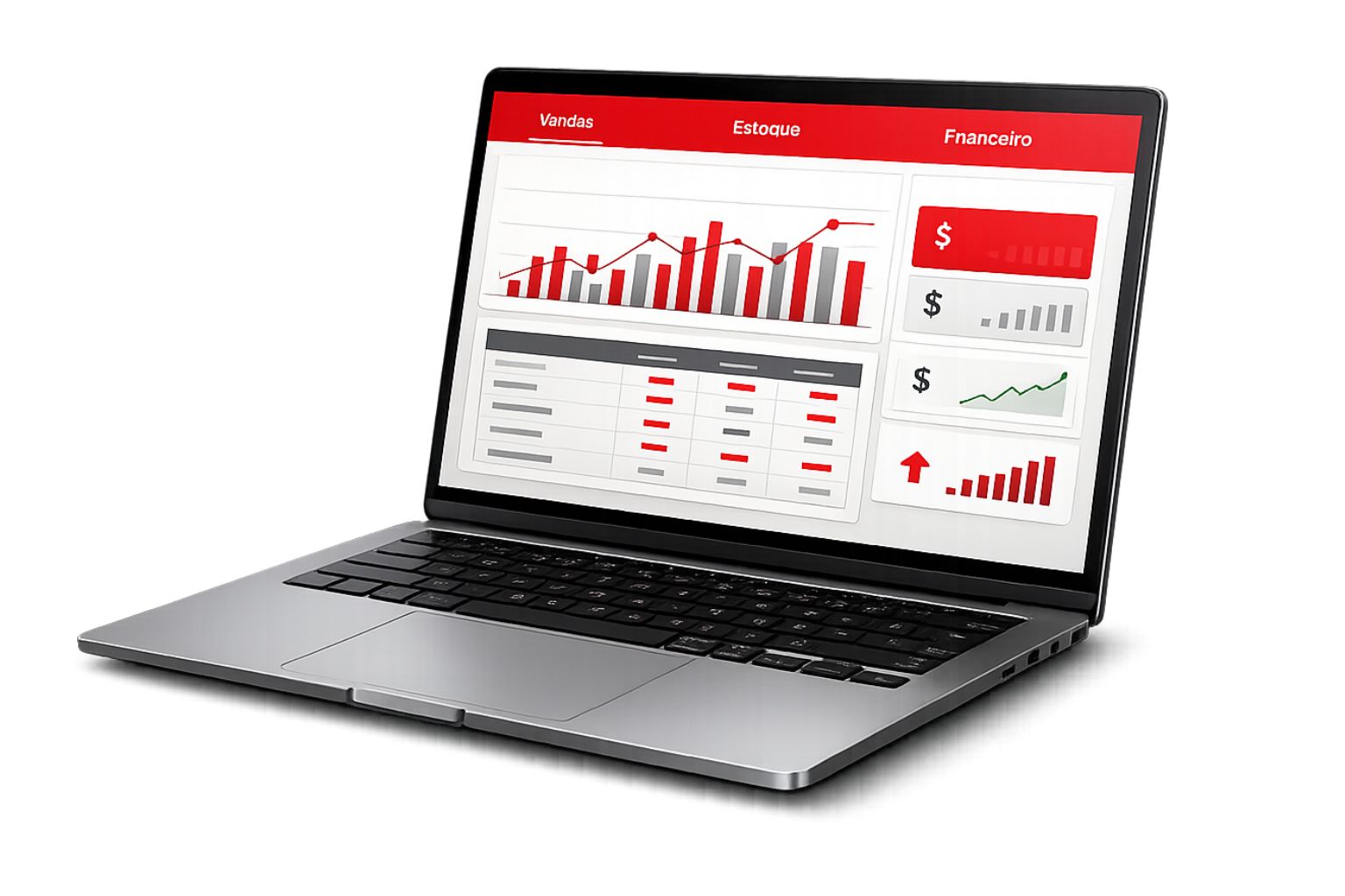 Mockup de tela do Infomaster ERP mostrando o painel de gestão de vendas, estoque e financeiro