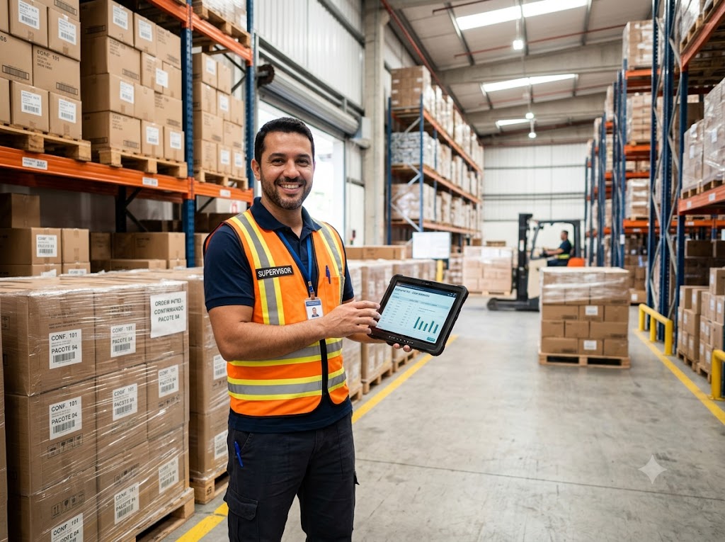 Supervisor de distribuidora consultando pedidos no tablet em galpão organizado