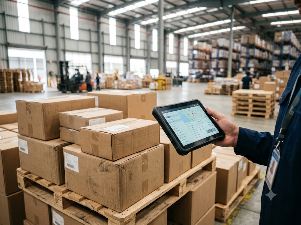 Conferência de caixas em pallet com tablet — controle de estoque e rotas para distribuidoras